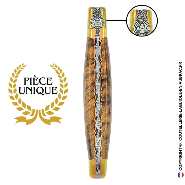 crépuscule fauve : couteau laguiole en ronce de noyer – mitres laiton et platines cuivre – abeille et ressort ciselés
