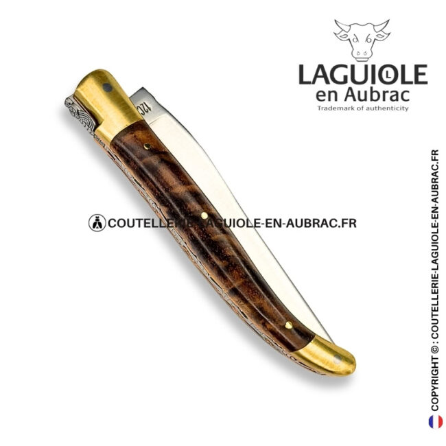 crépuscule fauve : couteau laguiole en ronce de noyer – mitres laiton et platines cuivre – abeille et ressort ciselés