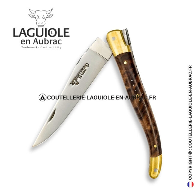 crépuscule fauve : couteau laguiole en ronce de noyer – mitres laiton et platines cuivre – abeille et ressort ciselés