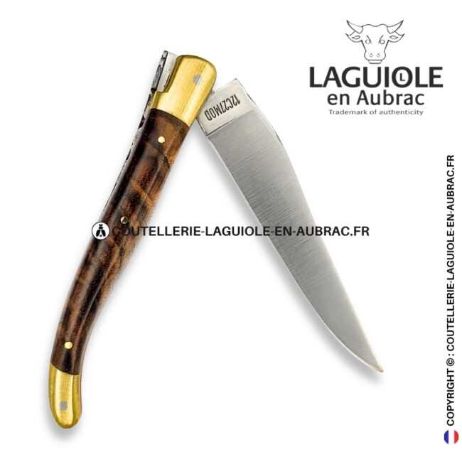 crépuscule fauve : couteau laguiole en ronce de noyer – mitres laiton et platines cuivre – abeille et ressort ciselés