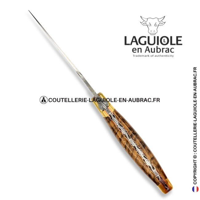 crépuscule fauve : couteau laguiole en ronce de noyer – mitres laiton et platines cuivre – abeille et ressort ciselés