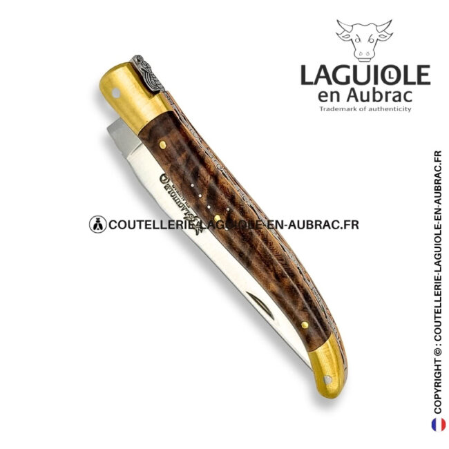 crépuscule fauve : couteau laguiole en ronce de noyer – mitres laiton et platines cuivre – abeille et ressort ciselés