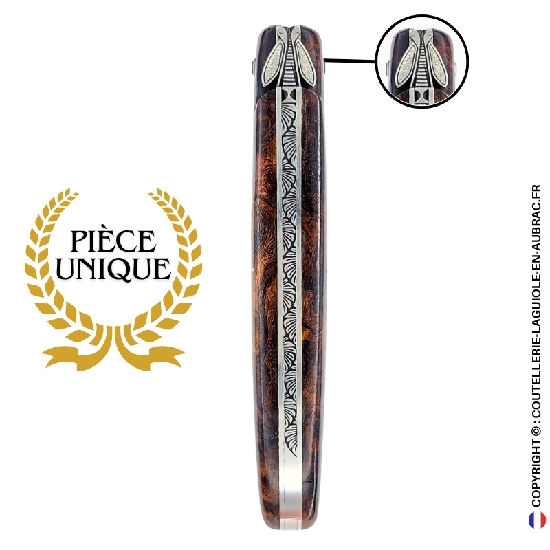 estampe de fougères : couteau laguiole plein manche en loupe de bois de fer – abeille sculptée – ressort ciselé