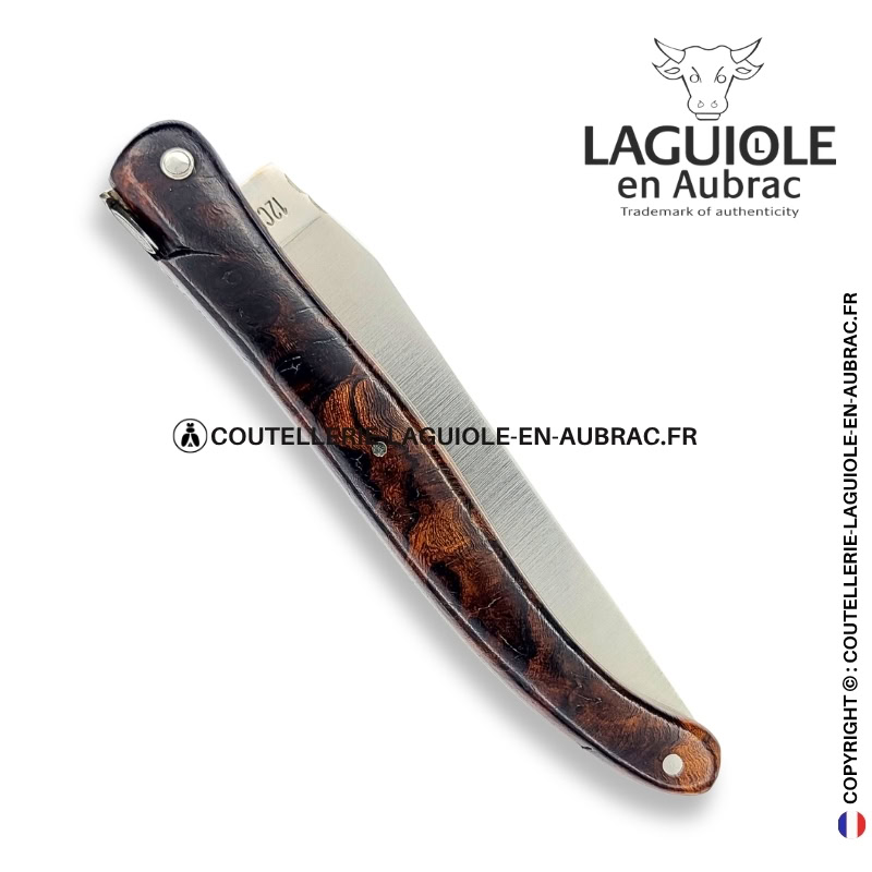 estampe de fougères : couteau laguiole plein manche en loupe de bois de fer – abeille sculptée – ressort ciselé