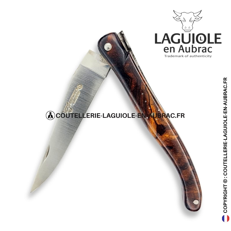 estampe de fougères : couteau laguiole plein manche en loupe de bois de fer – abeille sculptée – ressort ciselé