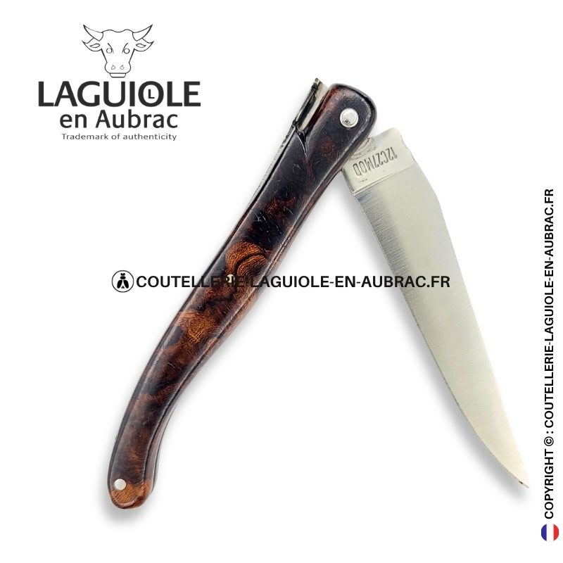 estampe de fougères : couteau laguiole plein manche en loupe de bois de fer – abeille sculptée – ressort ciselé