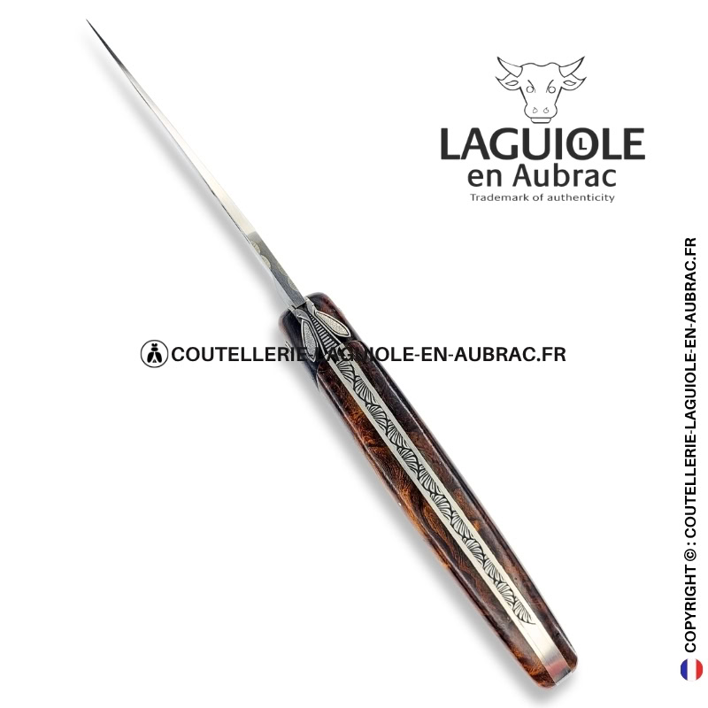 estampe de fougères : couteau laguiole plein manche en loupe de bois de fer – abeille sculptée – ressort ciselé