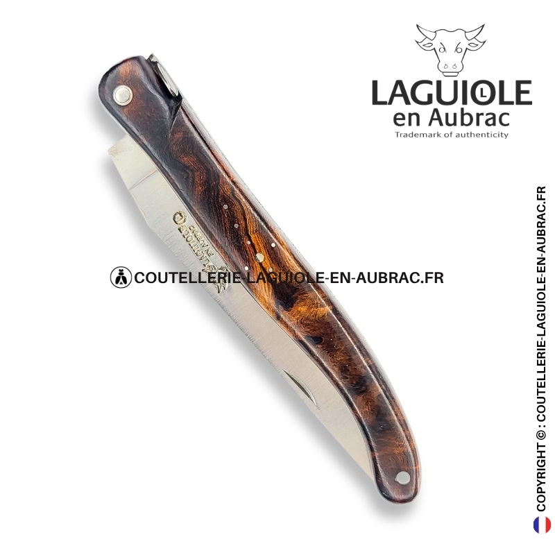 estampe de fougères : couteau laguiole plein manche en loupe de bois de fer – abeille sculptée – ressort ciselé