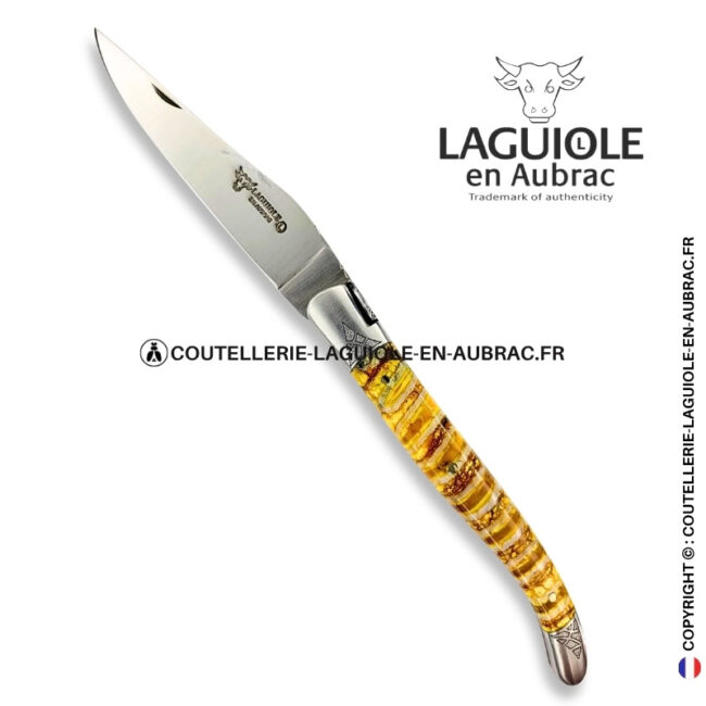 fils du soleil : couteau laguiole en molaire de mammouth jaune moutarde – abeille sculptée – ressort et mitres ciselés