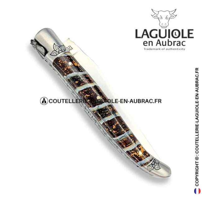 floraison fossile : couteau laguiole en molaire de mammouth – abeille sculptée – ressort et mitres ciselés