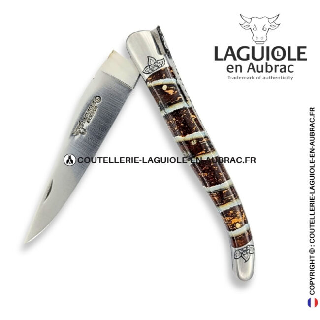 floraison fossile : couteau laguiole en molaire de mammouth – abeille sculptée – ressort et mitres ciselés