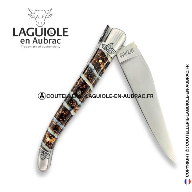 floraison fossile : couteau laguiole en molaire de mammouth – abeille sculptée – ressort et mitres ciselés