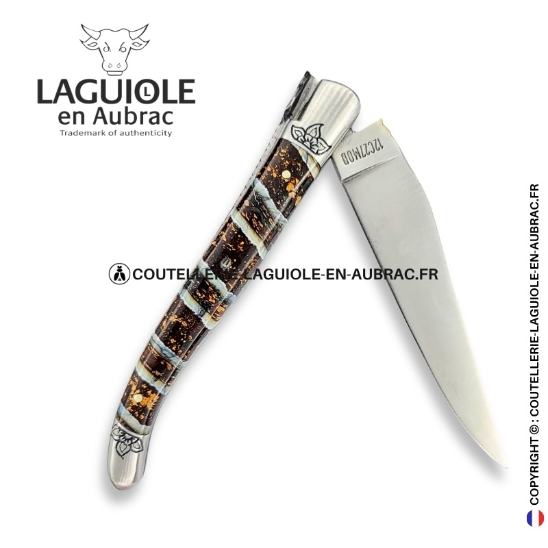 floraison fossile : couteau laguiole en molaire de mammouth – abeille sculptée – ressort et mitres ciselés