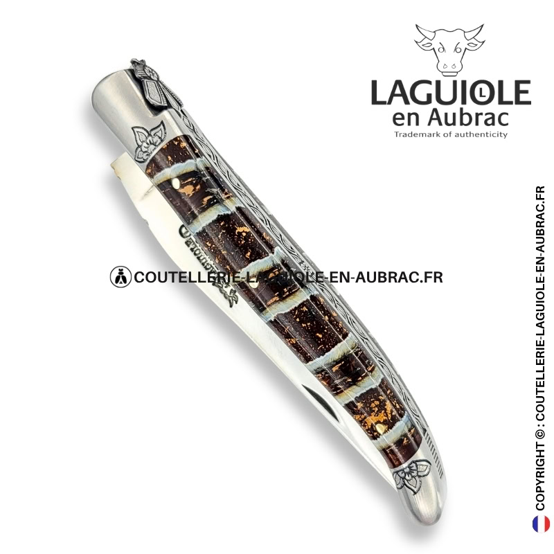 floraison fossile : couteau laguiole en molaire de mammouth – abeille sculptée – ressort et mitres ciselés