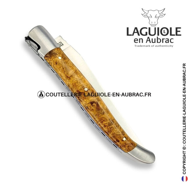 géométrie de la ruche : couteau laguiole en loupe d'amboine dorée – abeille sculptée – ressort guilloché d'alvéoles