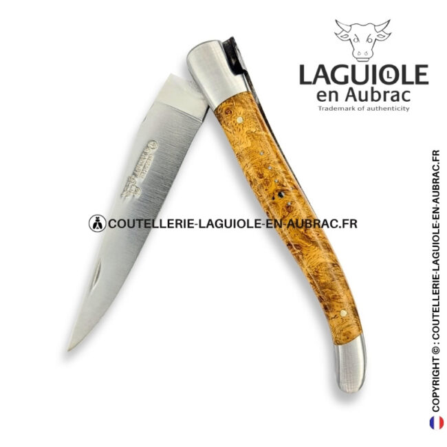géométrie de la ruche : couteau laguiole en loupe d'amboine dorée – abeille sculptée – ressort guilloché d'alvéoles