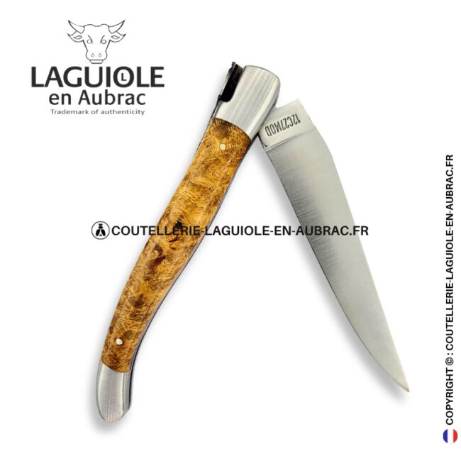 géométrie de la ruche : couteau laguiole en loupe d'amboine dorée – abeille sculptée – ressort guilloché d'alvéoles