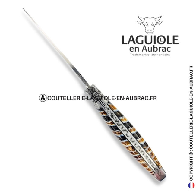 houle fossile : couteau laguiole en molaire de mammouth marron – abeille sculptée – ressort et mitres ciselés