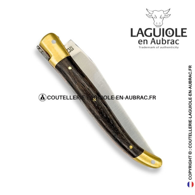 l'or des tourbières : couteau laguiole en bois de morta – mitres laiton et platines cuivre – abeille et ressort ciselés