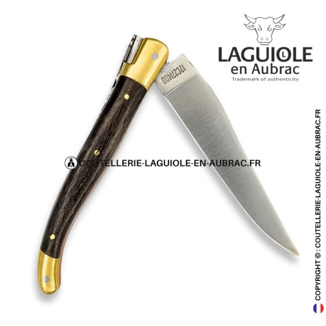 l'or des tourbières : couteau laguiole en bois de morta – mitres laiton et platines cuivre – abeille et ressort ciselés
