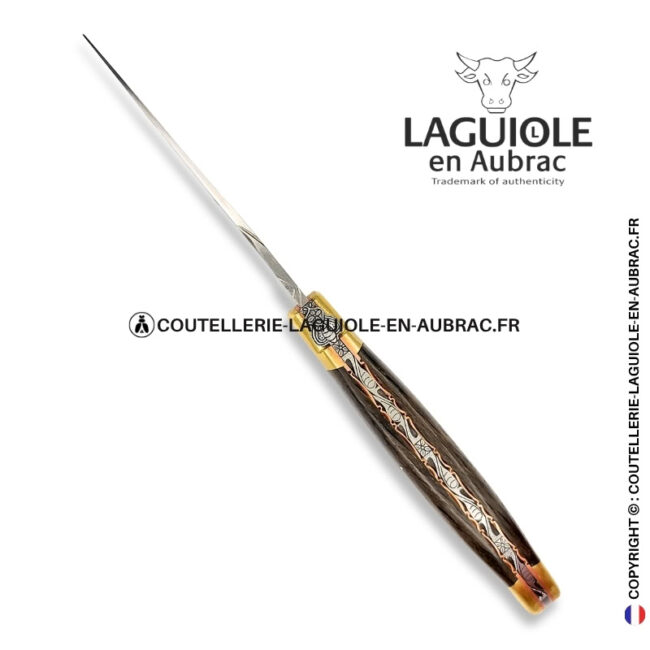 l'or des tourbières : couteau laguiole en bois de morta – mitres laiton et platines cuivre – abeille et ressort ciselés