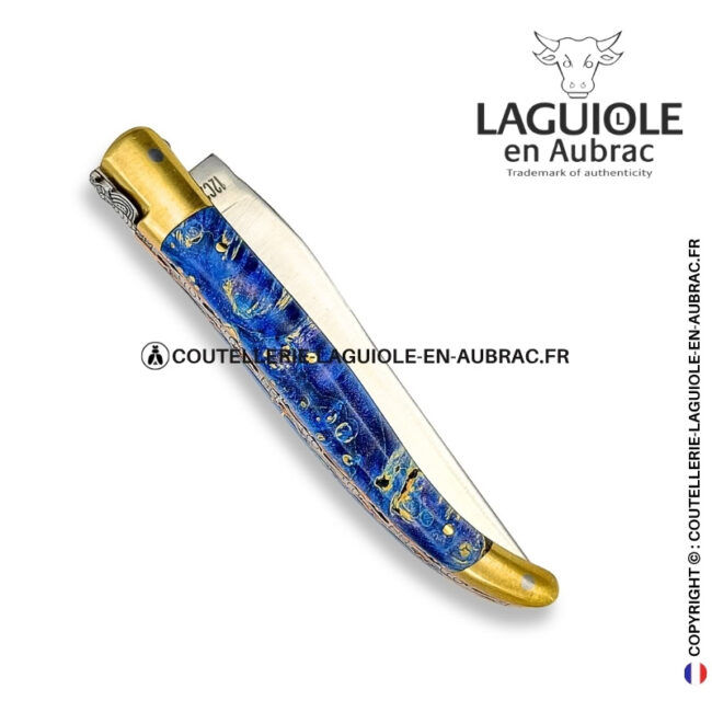 marée d'Étoiles : couteau laguiole en loupe de sureau bleue – mitres laiton et platines cuivre – abeille et ressort ciselés