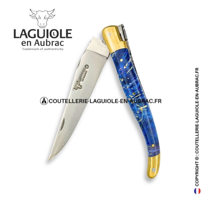 marée d'Étoiles : couteau laguiole en loupe de sureau bleue – mitres laiton et platines cuivre – abeille et ressort ciselés