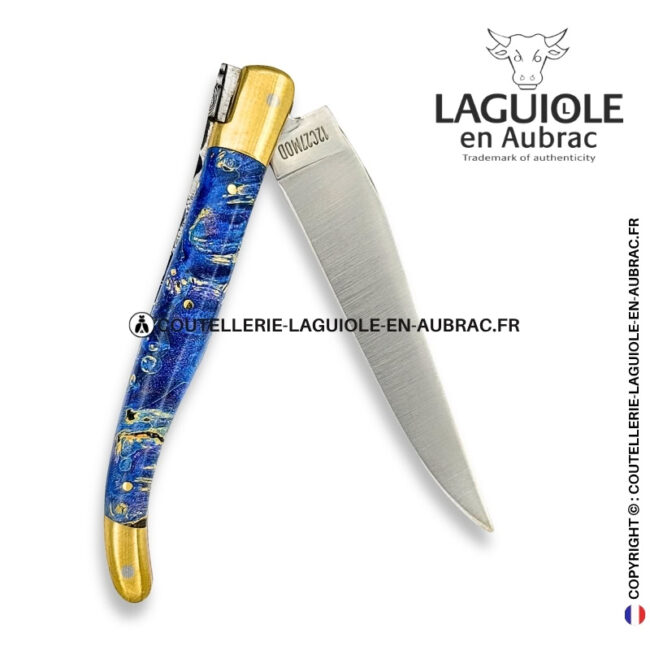 marée d'Étoiles : couteau laguiole en loupe de sureau bleue – mitres laiton et platines cuivre – abeille et ressort ciselés