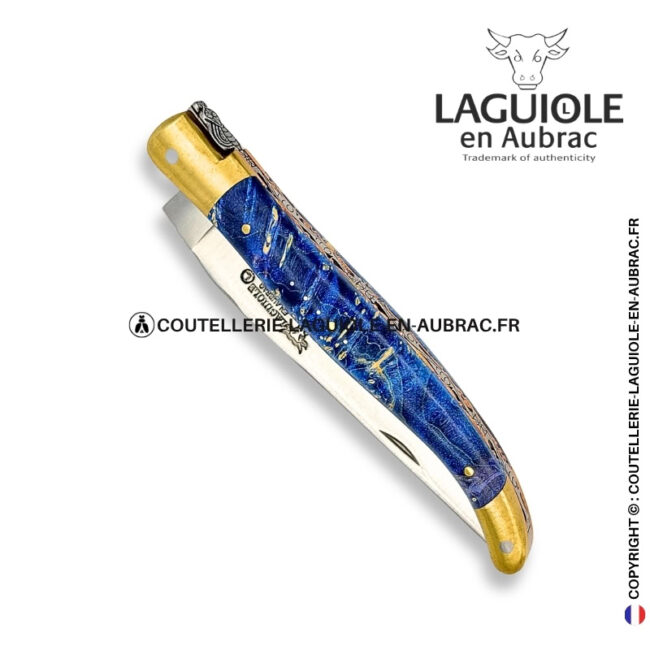 marée d'Étoiles : couteau laguiole en loupe de sureau bleue – mitres laiton et platines cuivre – abeille et ressort ciselés