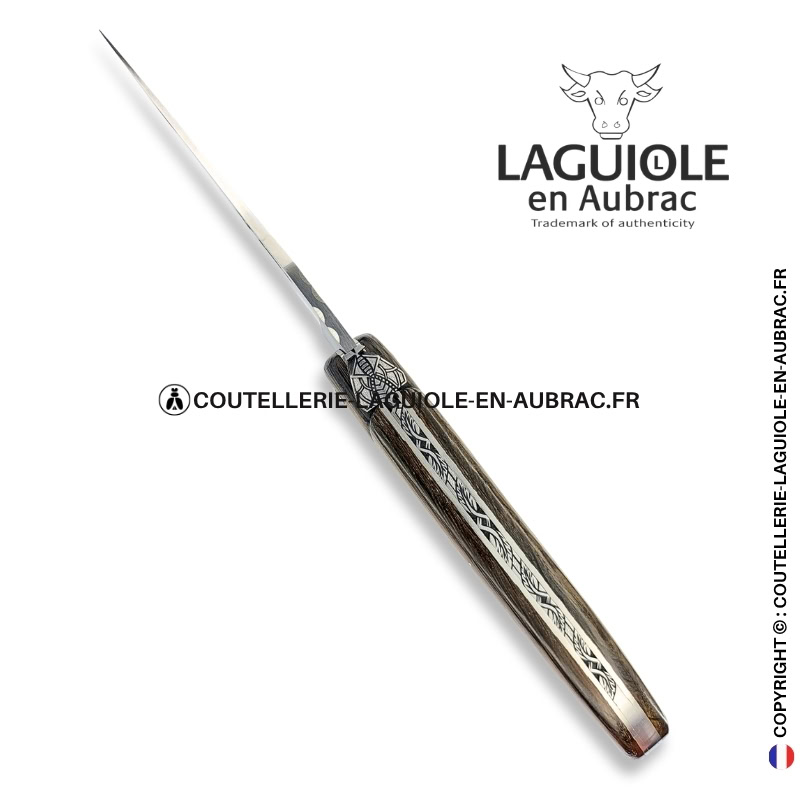 mémoire du chêne fossilisé : couteau laguiole plein manche en morta – abeille sculptée – ressort ciselé