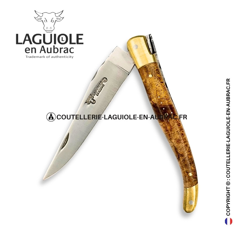 miel sauvage : couteau laguiole en loupe d'amboine dorée – mitres laiton et platines cuivre – abeille et ressort ciselés