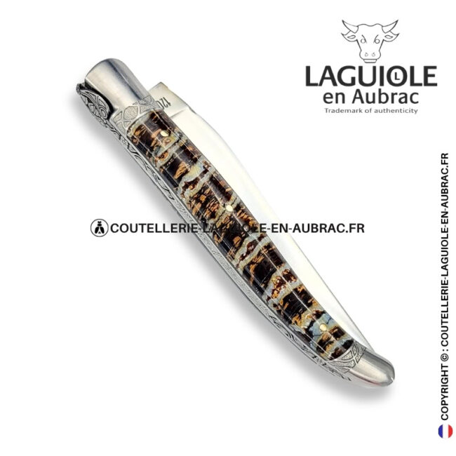 nœud du nord : couteau laguiole en molaire de mammouth marron – abeille sculptée – ressort et mitres ciselés d