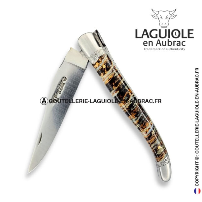 nœud du nord : couteau laguiole en molaire de mammouth marron – abeille sculptée – ressort et mitres ciselés d