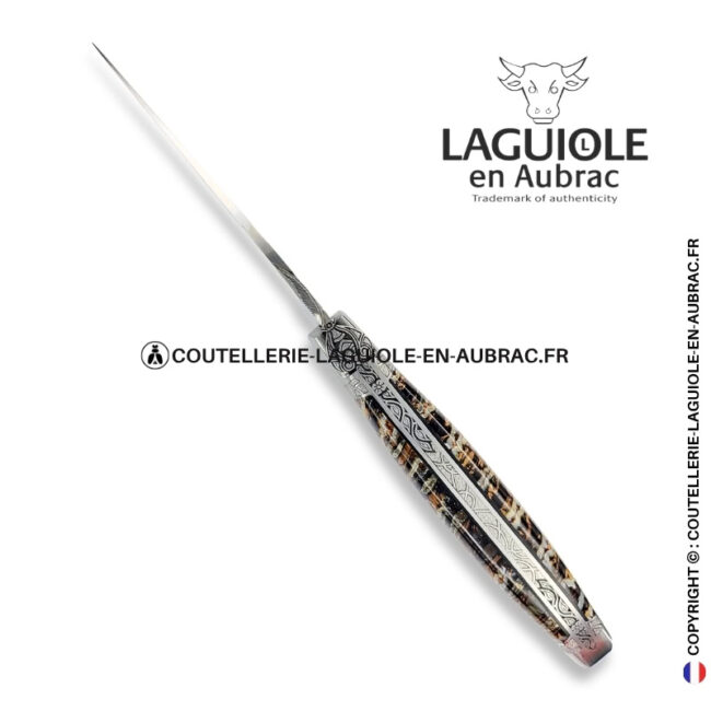 nœud du nord : couteau laguiole en molaire de mammouth marron – abeille sculptée – ressort et mitres ciselés d