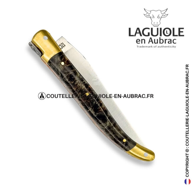 nuit de cendre : couteau laguiole en loupe de peuplier noircie – mitres laiton et platines cuivre – abeille et ressort ciselés