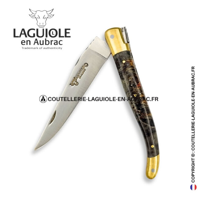 nuit de cendre : couteau laguiole en loupe de peuplier noircie – mitres laiton et platines cuivre – abeille et ressort ciselés