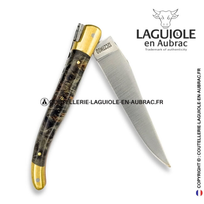 nuit de cendre : couteau laguiole en loupe de peuplier noircie – mitres laiton et platines cuivre – abeille et ressort ciselés