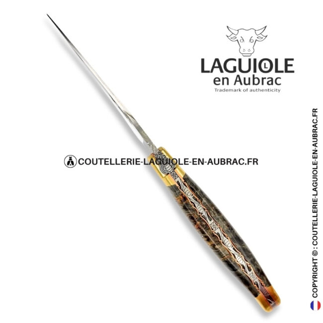 nuit de cendre : couteau laguiole en loupe de peuplier noircie – mitres laiton et platines cuivre – abeille et ressort ciselés