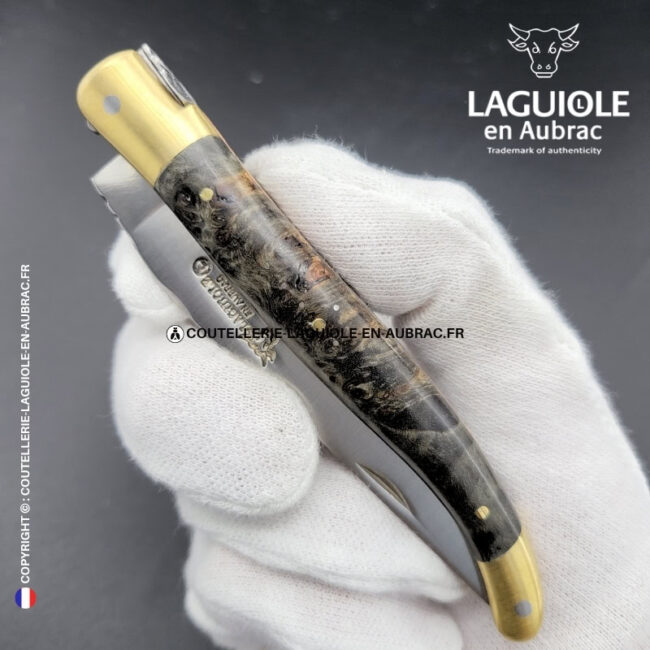 nuit de cendre : couteau laguiole en loupe de peuplier noircie – mitres laiton et platines cuivre – abeille et ressort ciselés