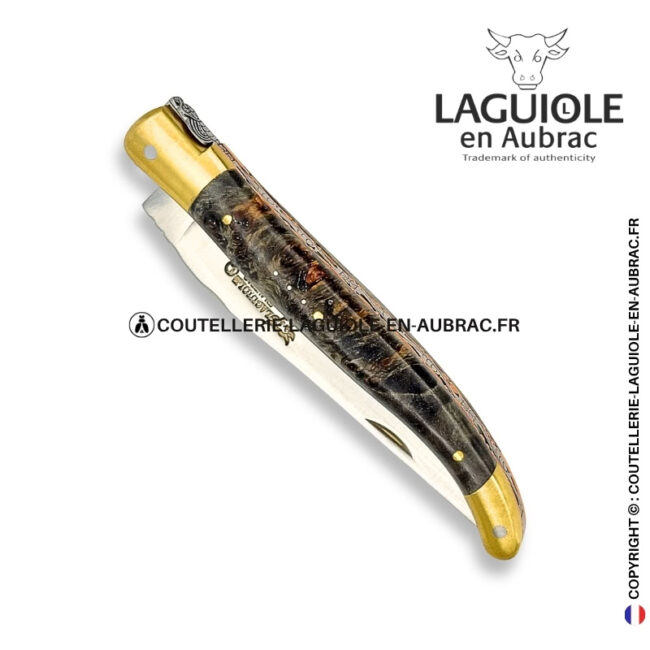 nuit de cendre : couteau laguiole en loupe de peuplier noircie – mitres laiton et platines cuivre – abeille et ressort ciselés