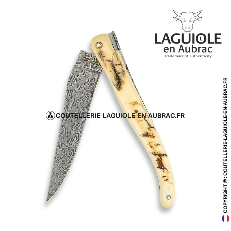 parchemin des glaces : couteau laguiole plein manche en croûte d'ivoire de mammouth – lame damas – or et zircons