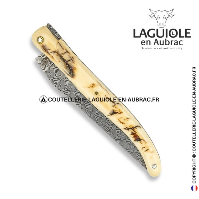 parchemin des glaces : couteau laguiole plein manche en croûte d'ivoire de mammouth – lame damas – or et zircons