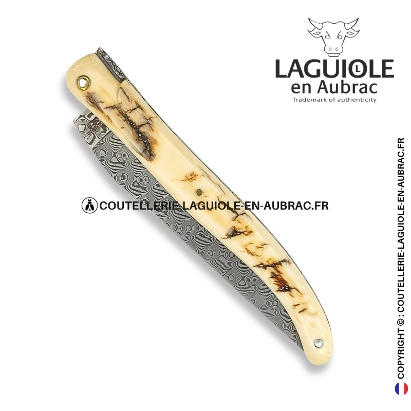 parchemin des glaces : couteau laguiole plein manche en croûte d'ivoire de mammouth – lame damas – or et zircons