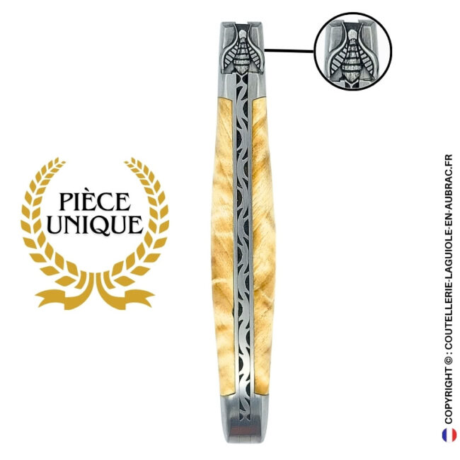 peuplier des deux rives : couteau laguiole en fourche de peuplier – lame damas – abeille 3d