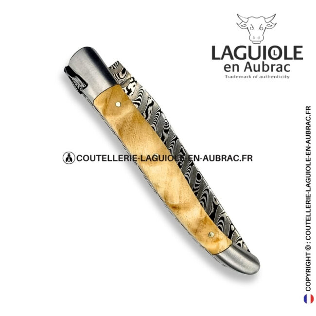 peuplier des deux rives : couteau laguiole en fourche de peuplier – lame damas – abeille 3d