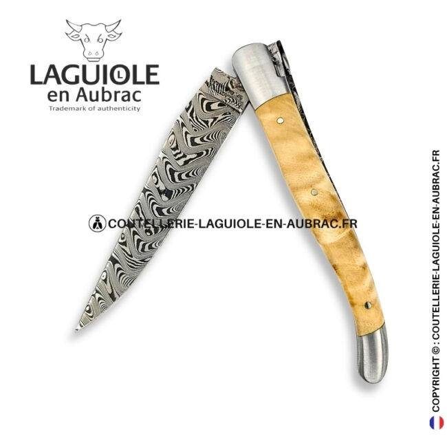 peuplier des deux rives : couteau laguiole en fourche de peuplier – lame damas – abeille 3d