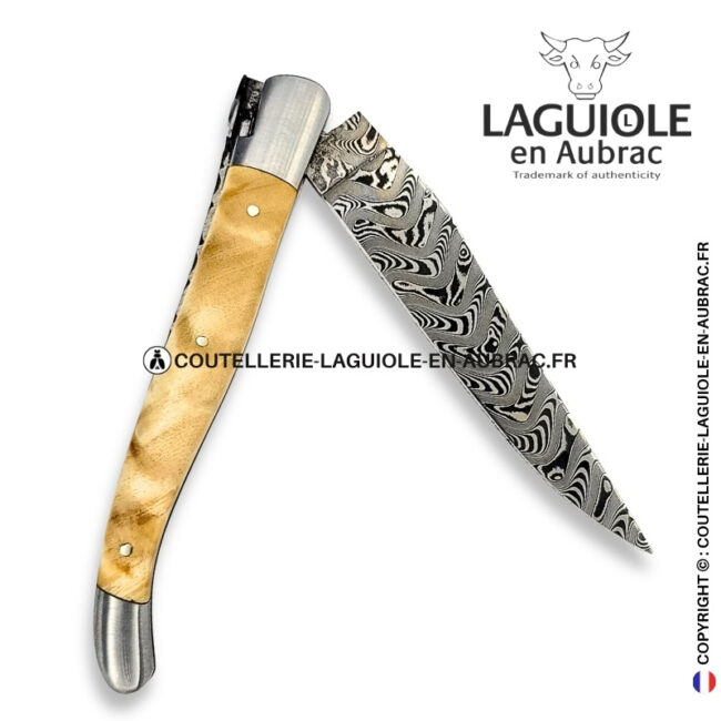 peuplier des deux rives : couteau laguiole en fourche de peuplier – lame damas – abeille 3d