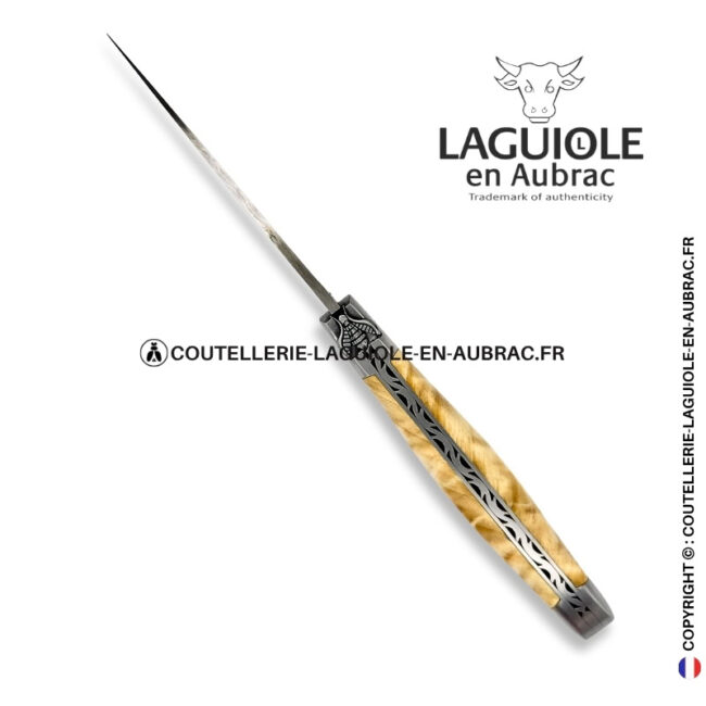peuplier des deux rives : couteau laguiole en fourche de peuplier – lame damas – abeille 3d