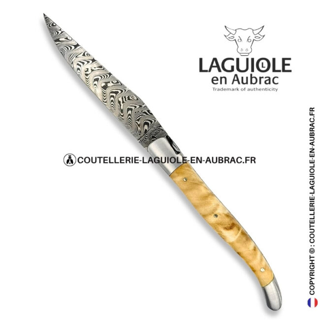 peuplier des deux rives : couteau laguiole en fourche de peuplier – lame damas – abeille 3d
