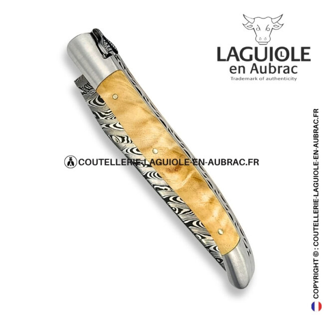 peuplier des deux rives : couteau laguiole en fourche de peuplier – lame damas – abeille 3d